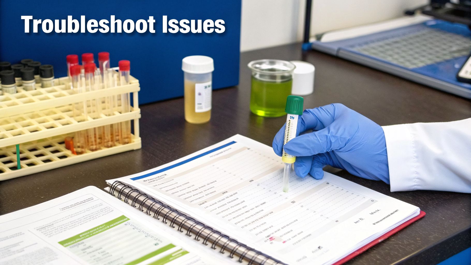 A lab technician in blue gloves examines a test tube, with other lab equipment and documents.