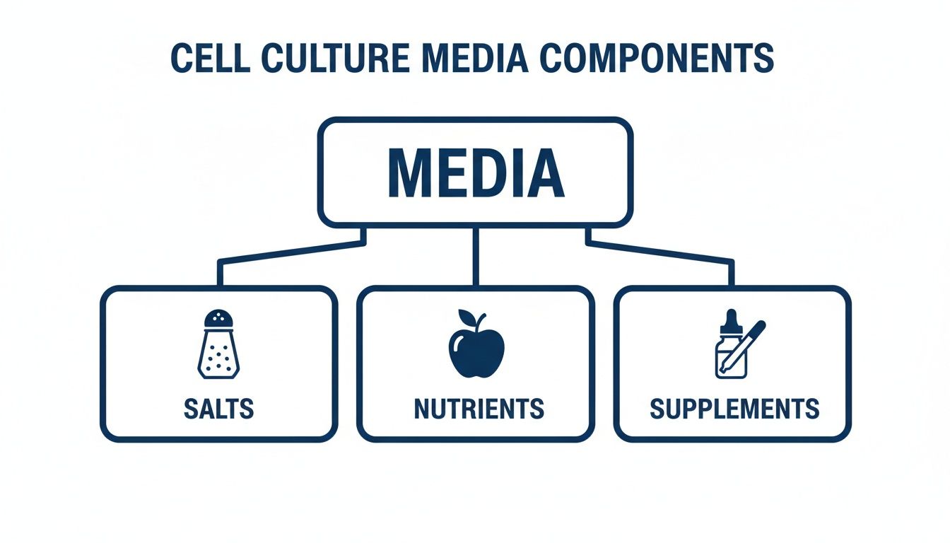 Diagram illustrating cell culture media components: salts, nutrients, and supplements, with corresponding icons.